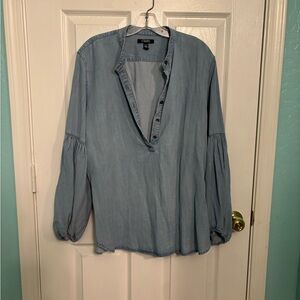 Chaps Blue Long Sleeve Boxy Blouse with Mandarin Collar